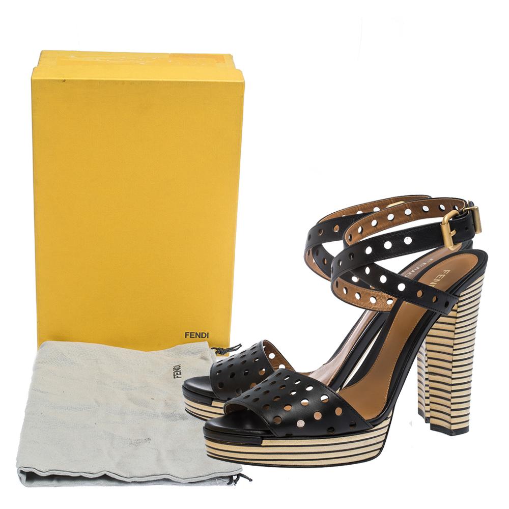 Fendi Black Perforated Ankle Strap Platform Sandals Size 40 3
