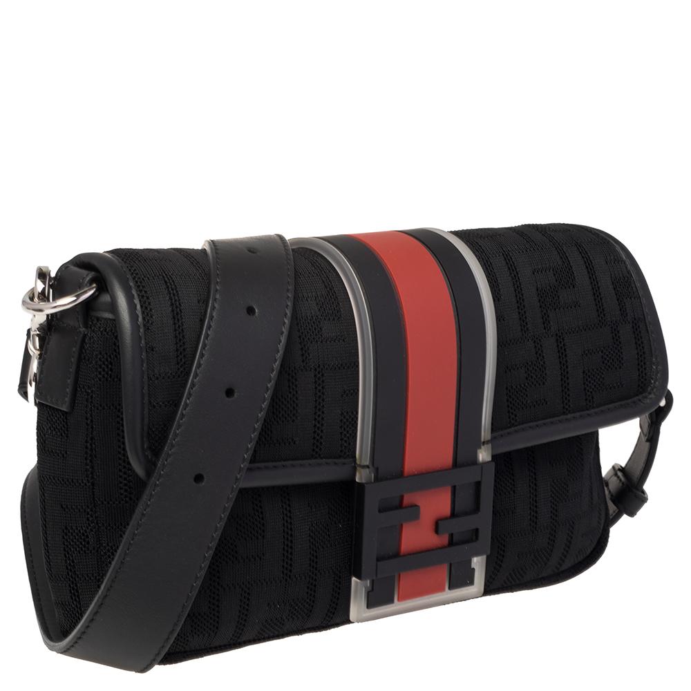Fendi Black Perforated Neoprene Fabric Convertible Baguette Belt Bag In New Condition In Dubai, Al Qouz 2