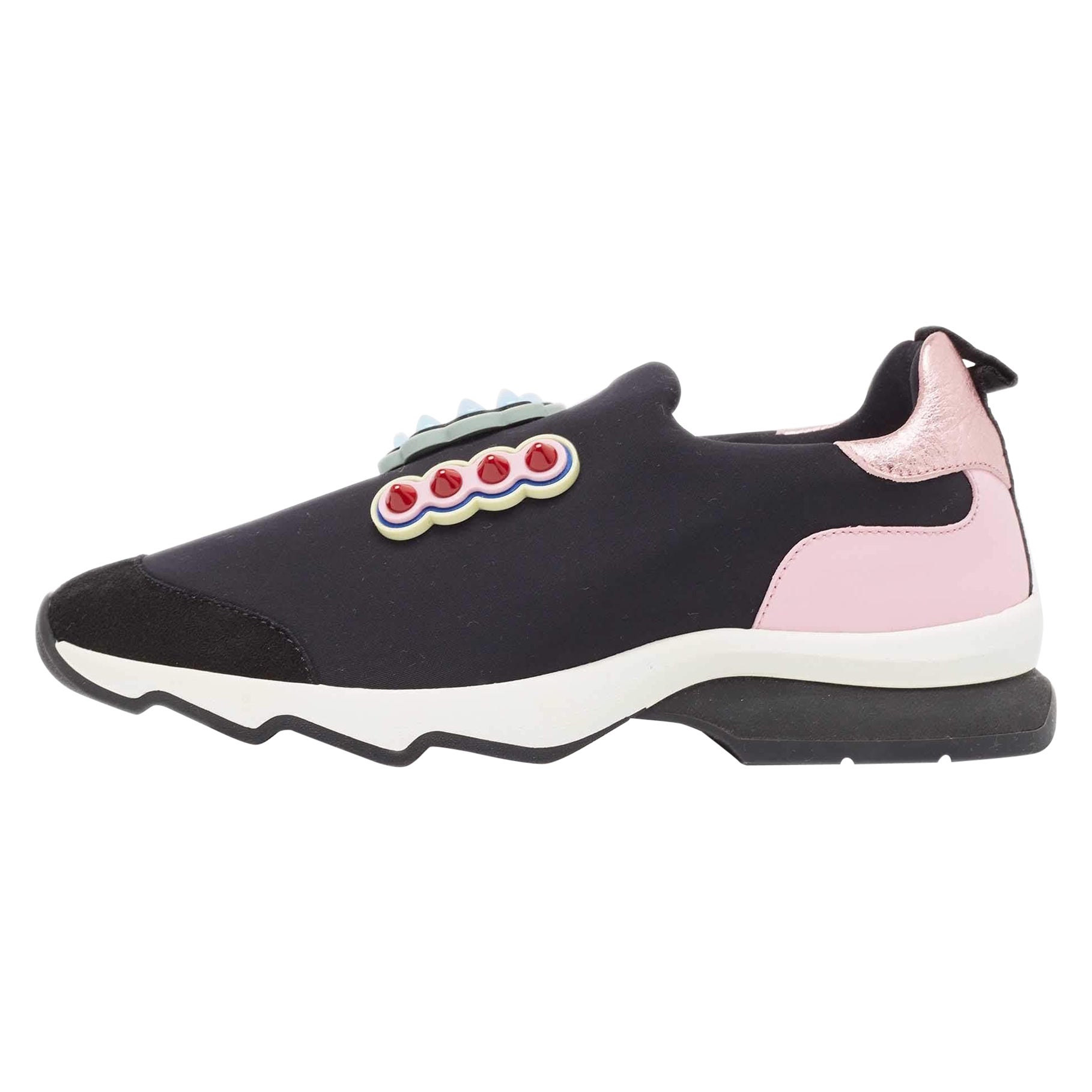 Fendi Black/Pink Fabric And Suede Fun Fair Logo Slip On Sneakers Size 36