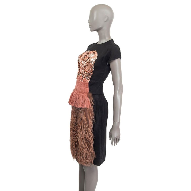 FENDI black and pink FUR SEQUIN BEADED Sheath Dress 38 XS For Sale