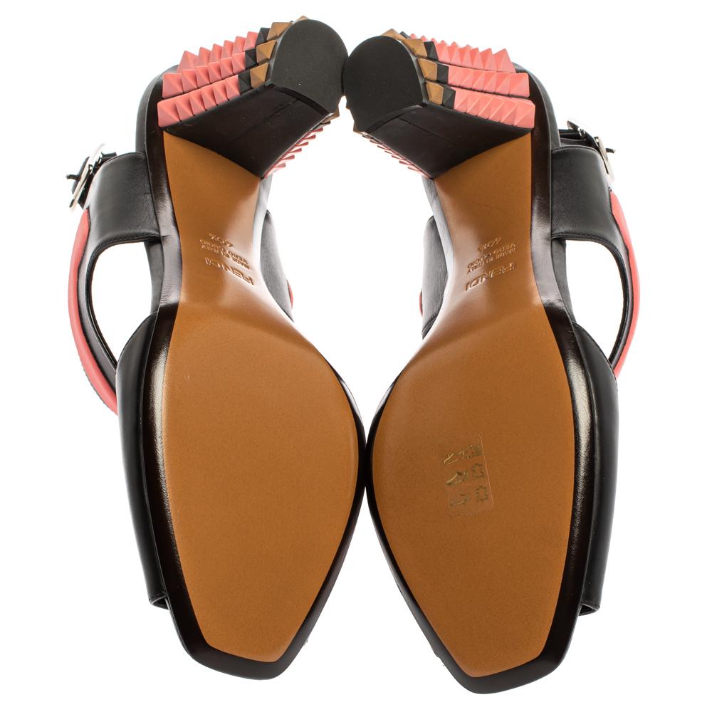 Fendi Black/Pink Leather Polifonia Studded Ankle Strap Sandals Size 40.5 In New Condition In Dubai, Al Qouz 2