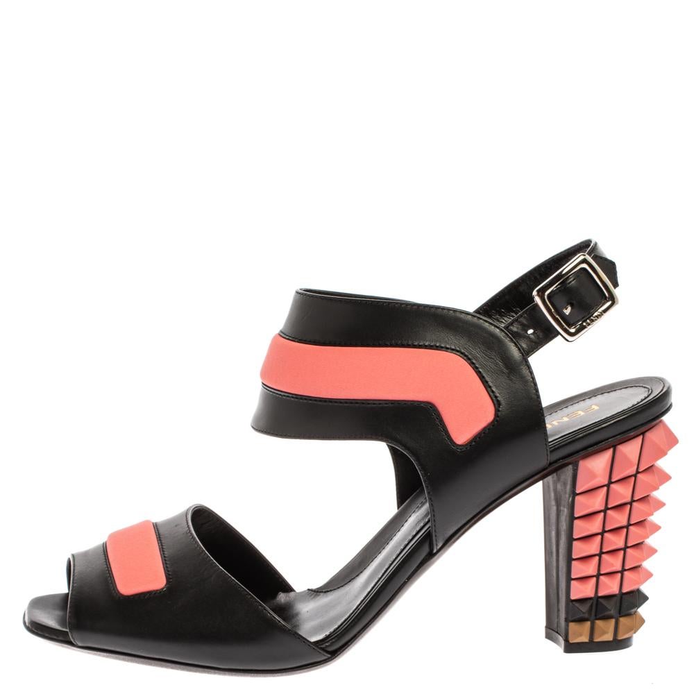 Women's Fendi Black/Pink Leather Polifonia Studded Ankle Strap Sandals Size 40.5