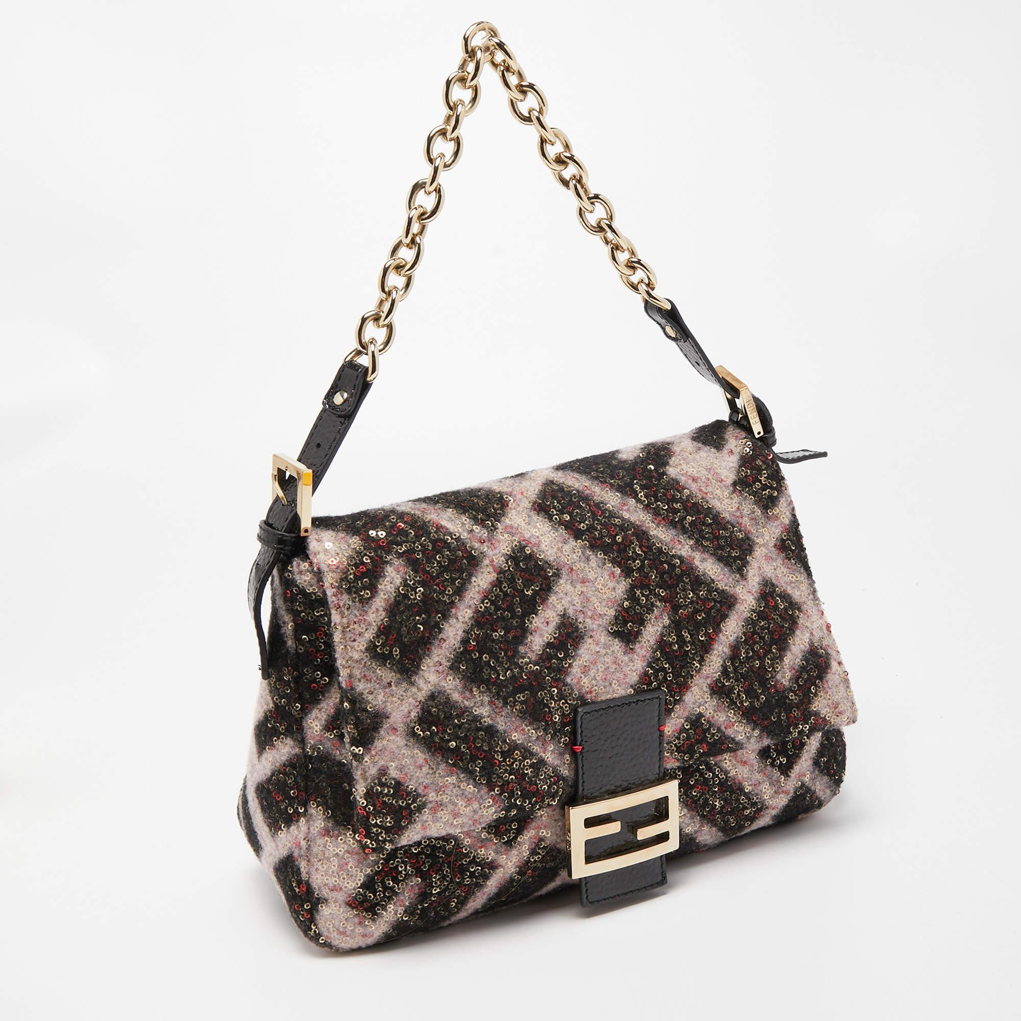 Women's Fendi Black/Pink Zucca Sequins and Wool Mama Forever Flap Bag