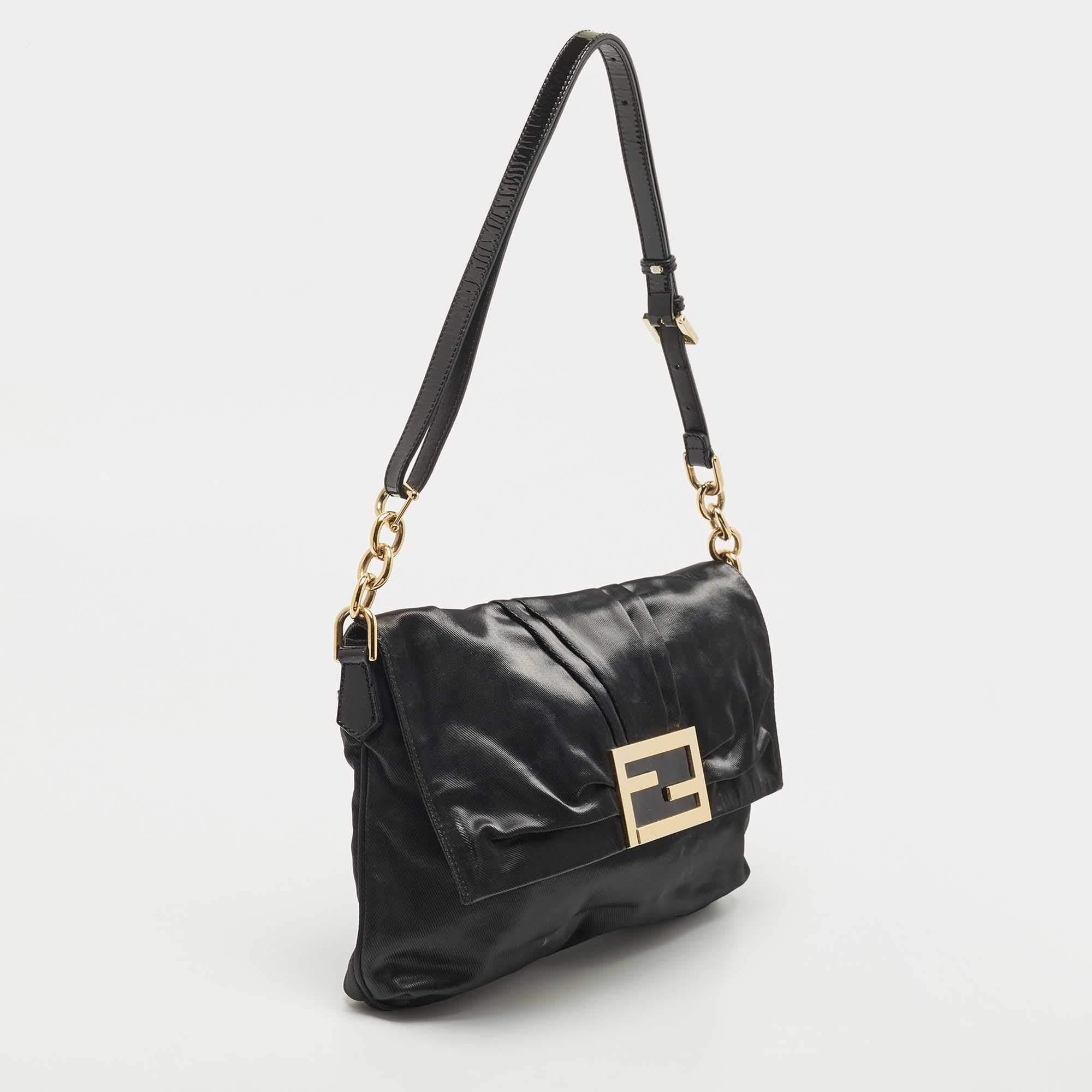 Women's Fendi Black Pleated Coated Nylon Mia Flap Shoulder Bag