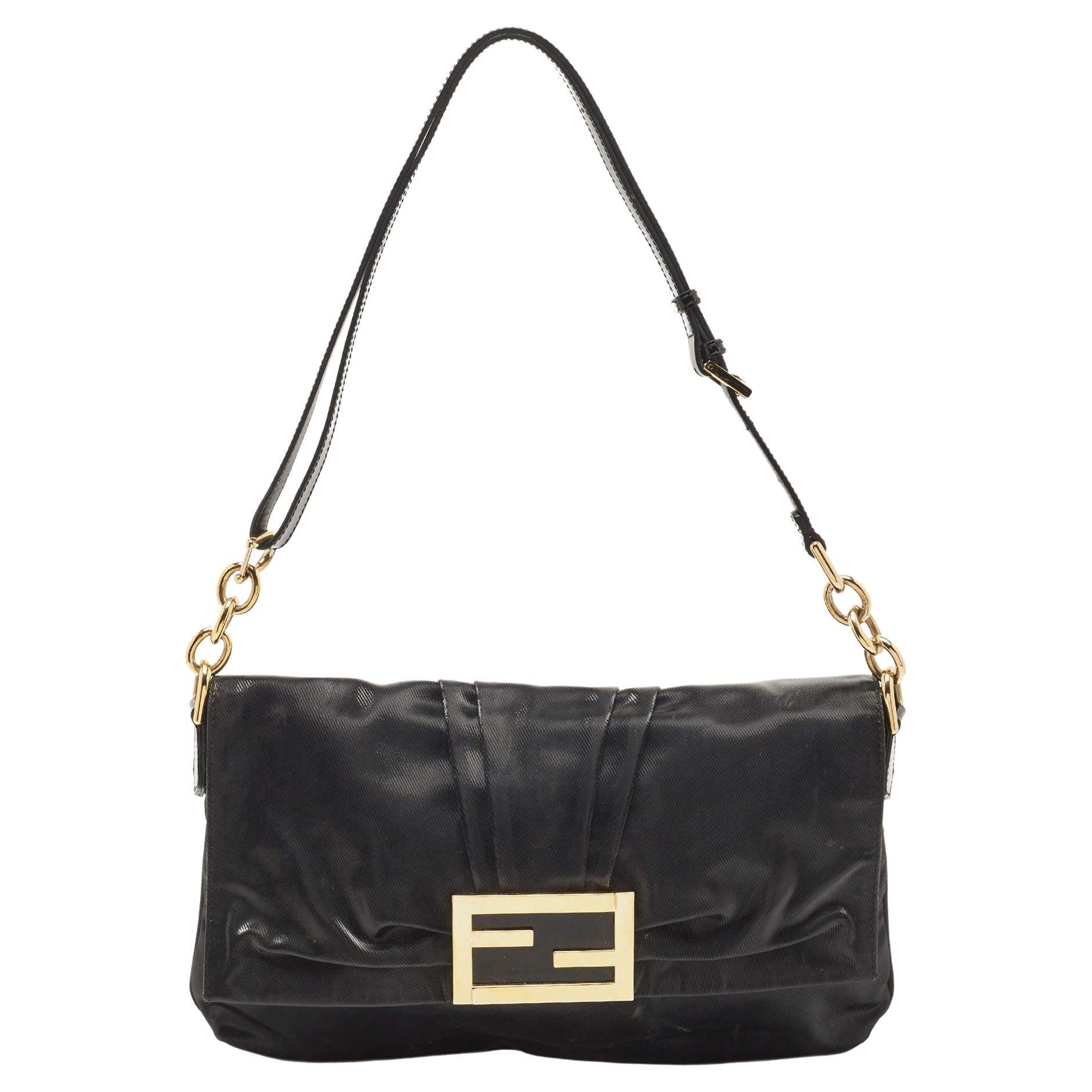 Fendi Black Pleated Coated Nylon Mia Flap Shoulder Bag