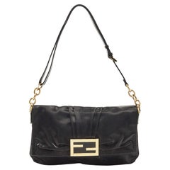 Fendi Black Pleated Coated Nylon Mia Flap Shoulder Bag