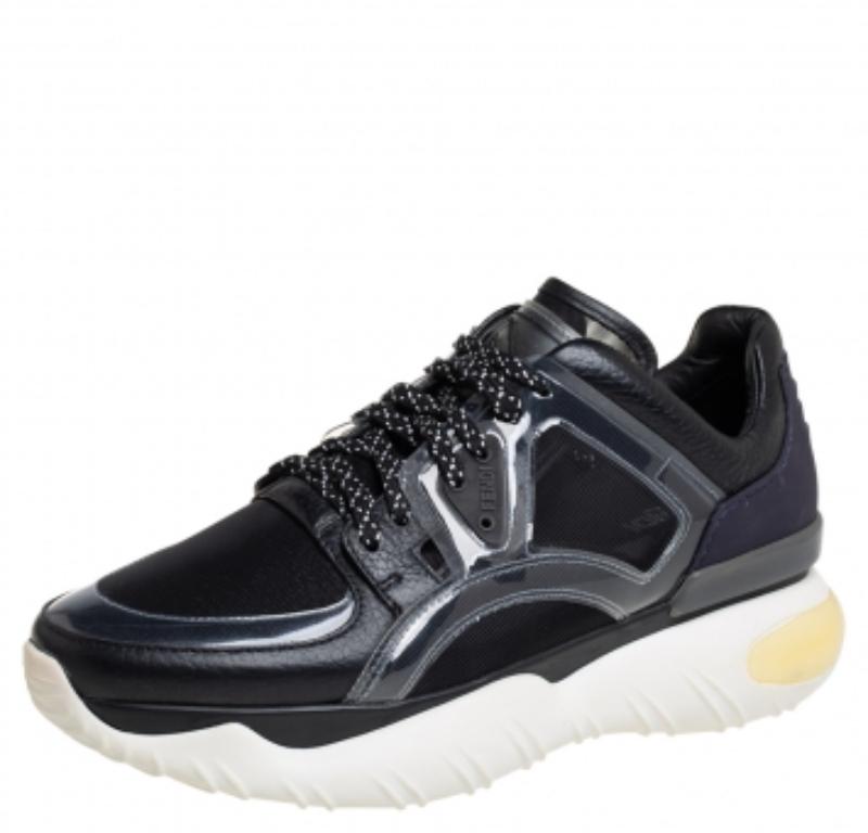 Fendi Black/Purple Mesh And Leather Fancy Sneakers Size 38 In Good Condition For Sale In Dubai, Al Qouz 2