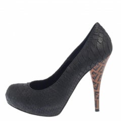 Fendi Black Python Embossed Leather Zucca Print Heel Pumps Size 37