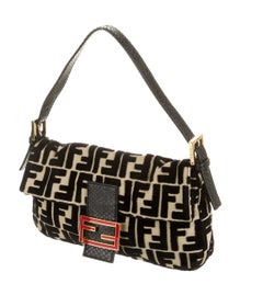 Fendi Black Python Tan Velvet Logo Zucca Gold Baguette Evening Shoulder Flap Bag