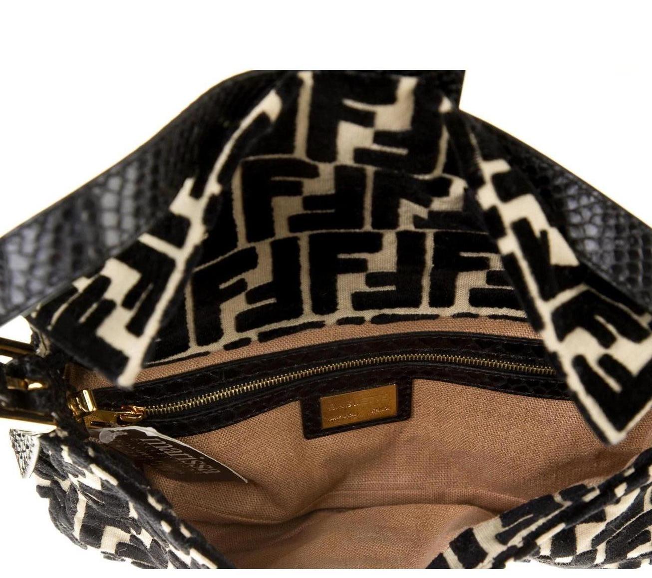 Women's Fendi Black Python Tan Velvet Logo Zucca Gold Baguette Evening Shoulder Flap Bag For Sale