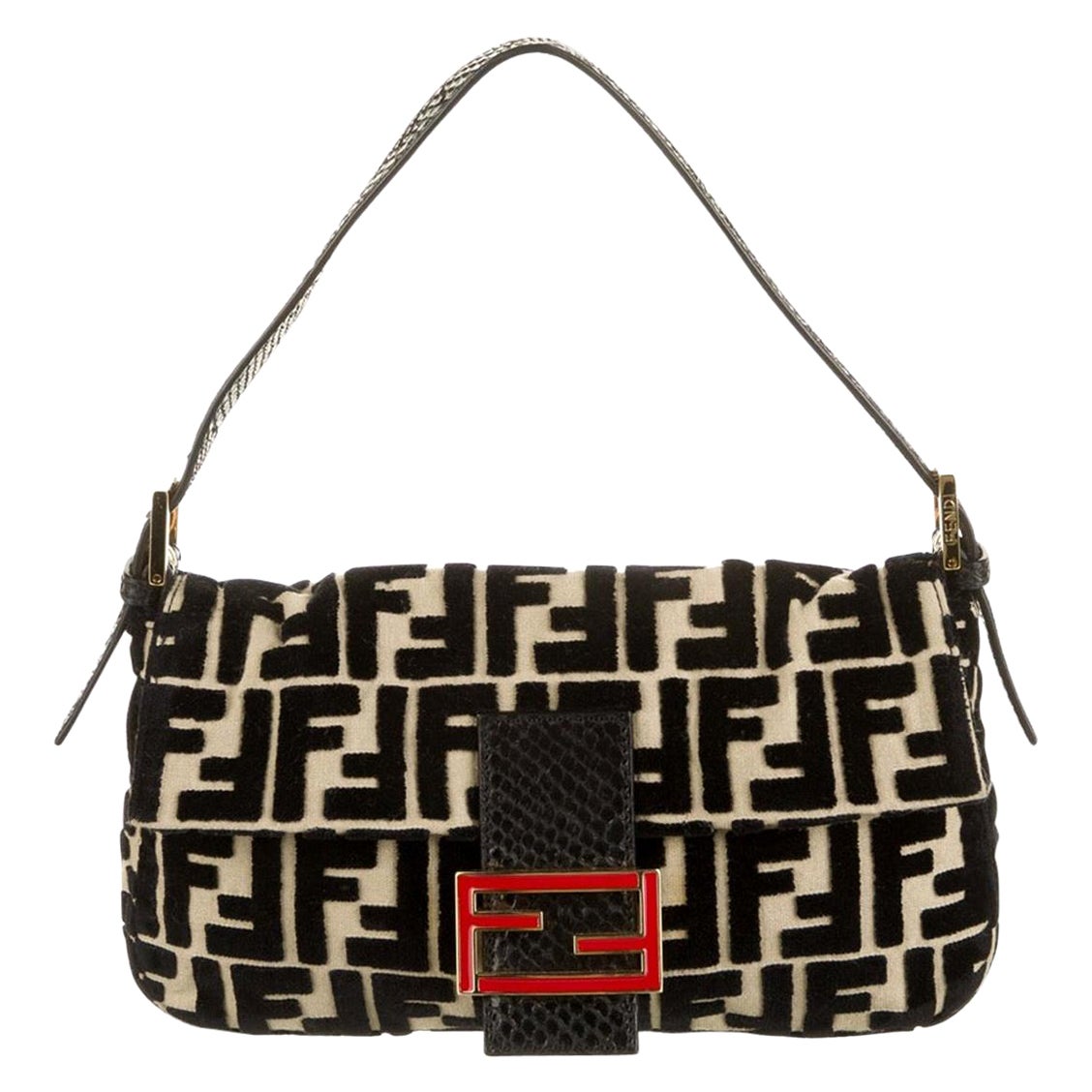 Fendi Black Python Tan Velvet Logo Zucca Gold Baguette Evening Shoulder Flap Bag For Sale