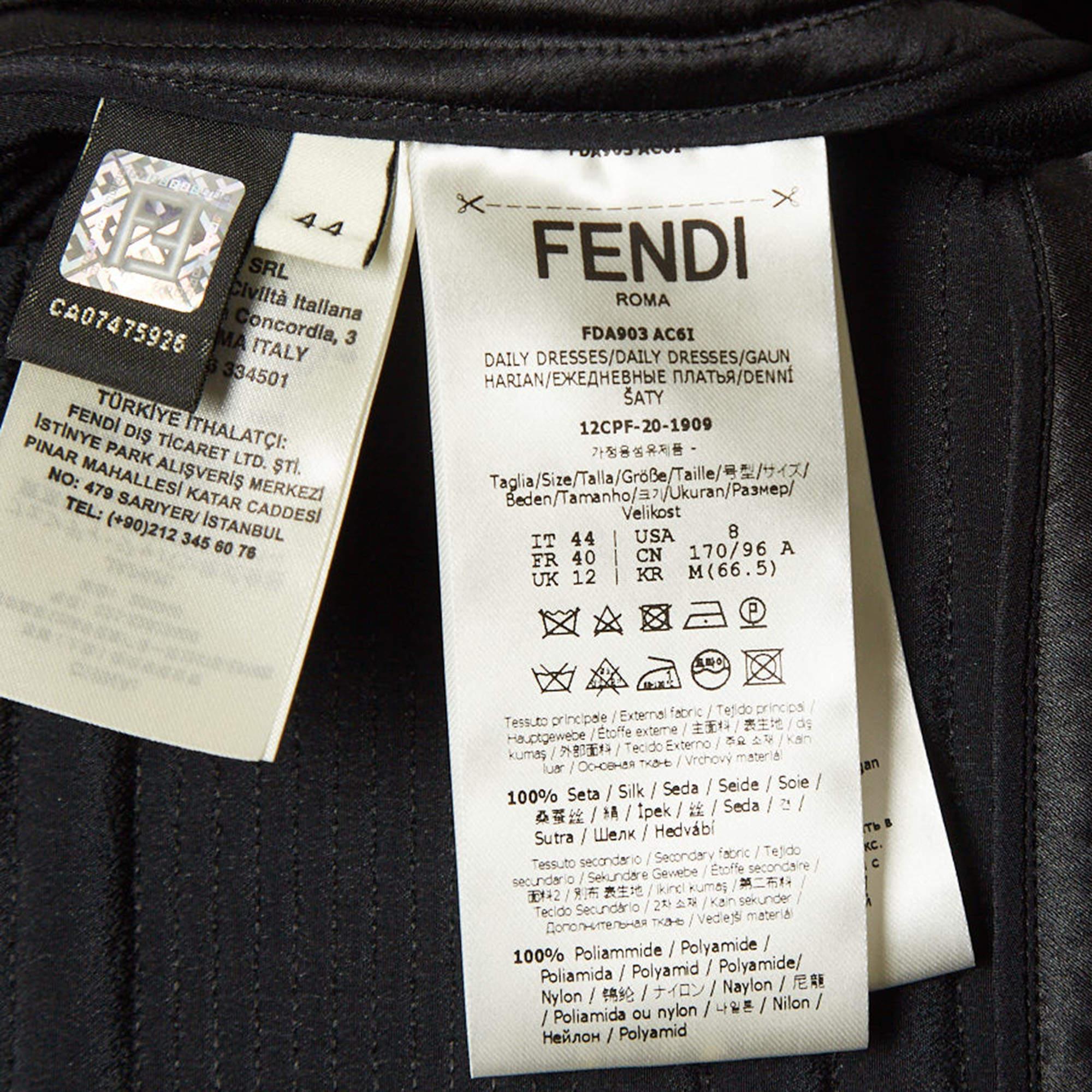 Fendi - Robe midi matelassée en soie noire bordée de dentelle M Pour femmes en vente