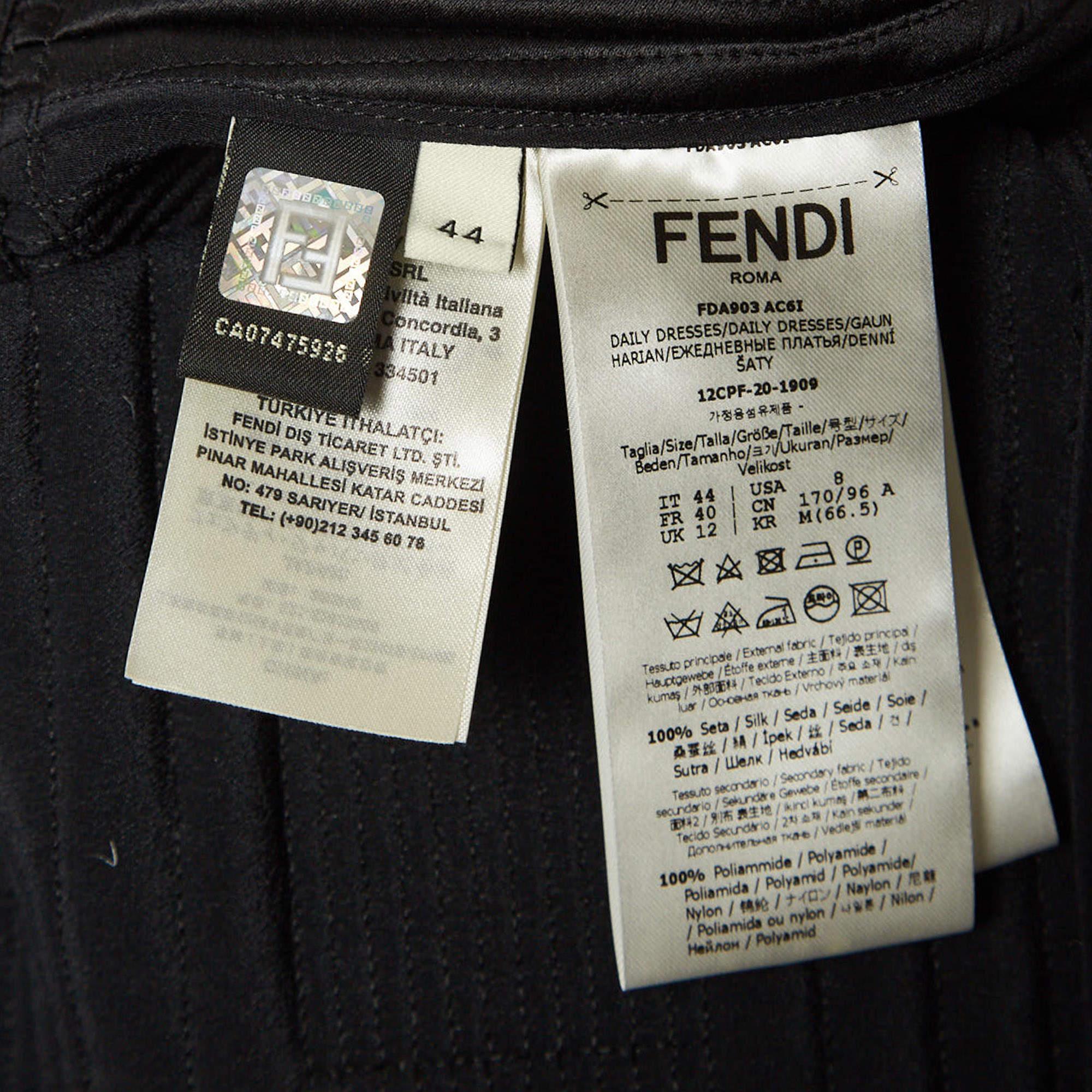 Fendi - Robe midi matelassée en soie noire bordée de dentelle M en vente 1