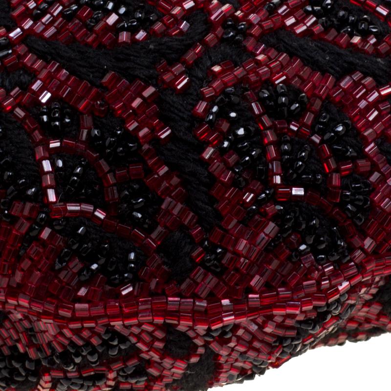 Fendi Black/Red Lizard Skin and Beaded Fabric Oyster Hobo 2