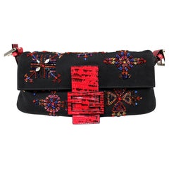 Fendi Black & Red Neoprene Beaded Lizard Baguette Shoulder Bag circa Y2K