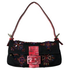 Fendi Black & Red Neoprene Beaded Lizard Baguette Shoulder Bag circa Y2K