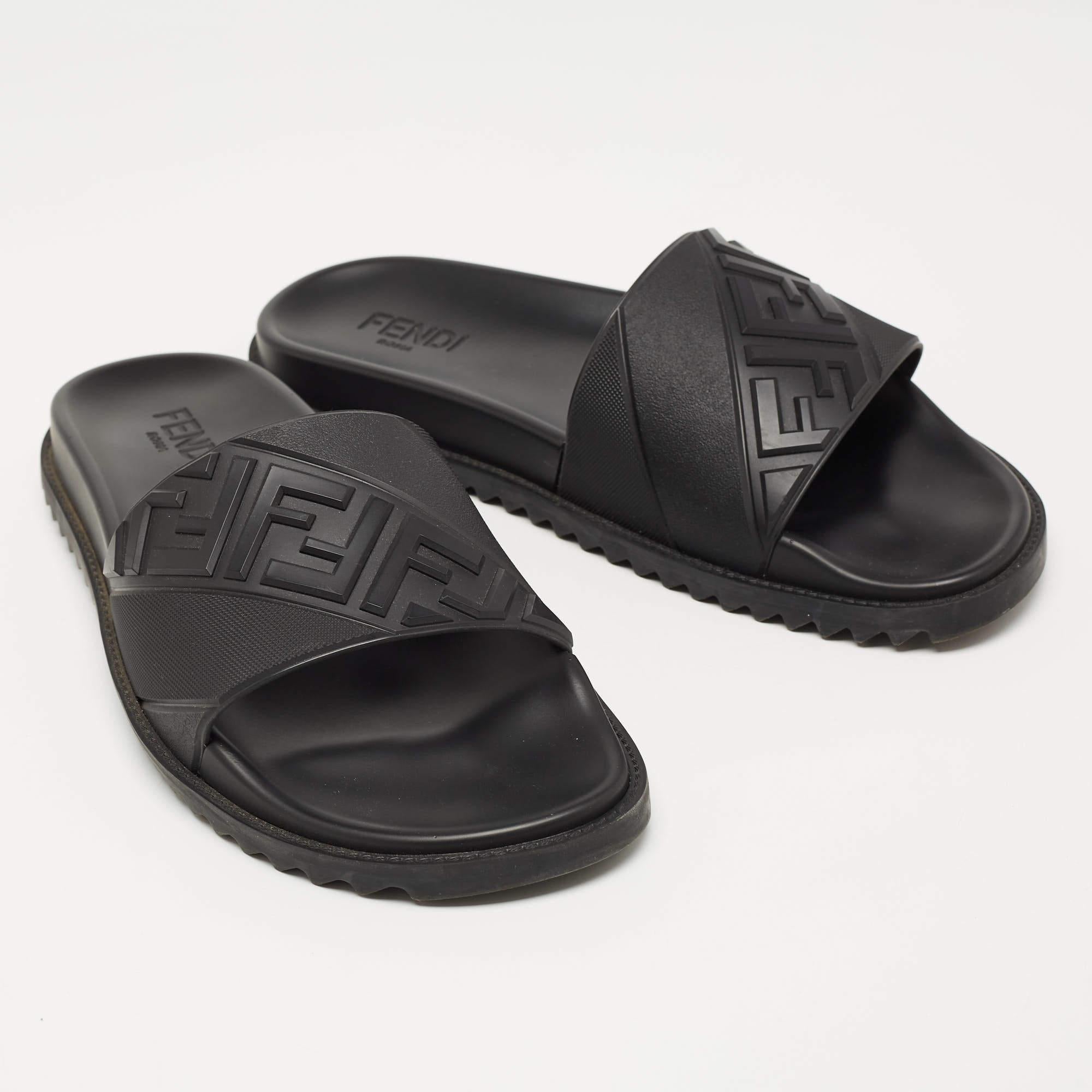Fendi Black Rubber Embossed FF Logo Slides Size 46 2