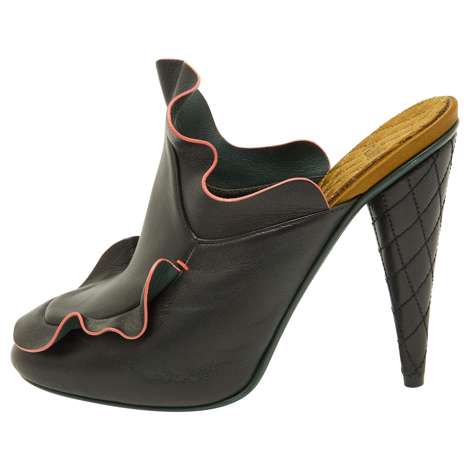 Fendi Black Ruffled Leather Mules Size 38.5