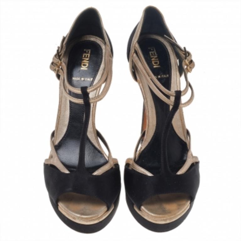  Fendi Sandales à lanières en satin et cuir noir Taille 36.5 Pour femmes 