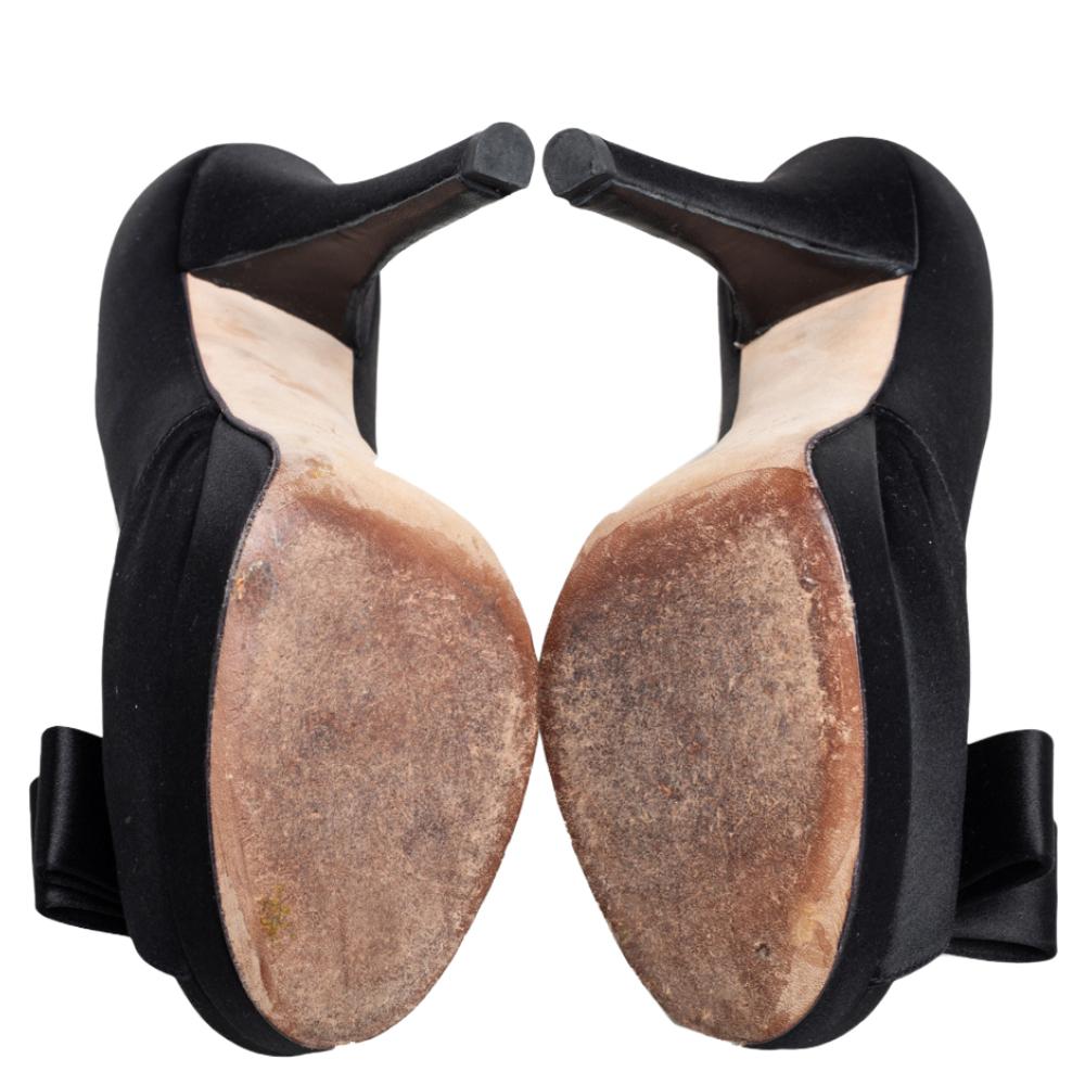 Women's Fendi Black Satin Bow Open Toe Platform Pumps Size 37.5
