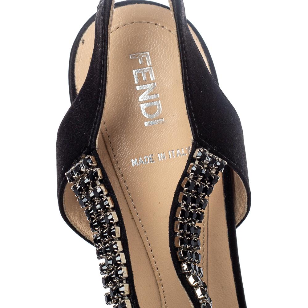 Fendi Black Satin Crystal Embellished Slingback Platform Sandals Size 39 For Sale 1