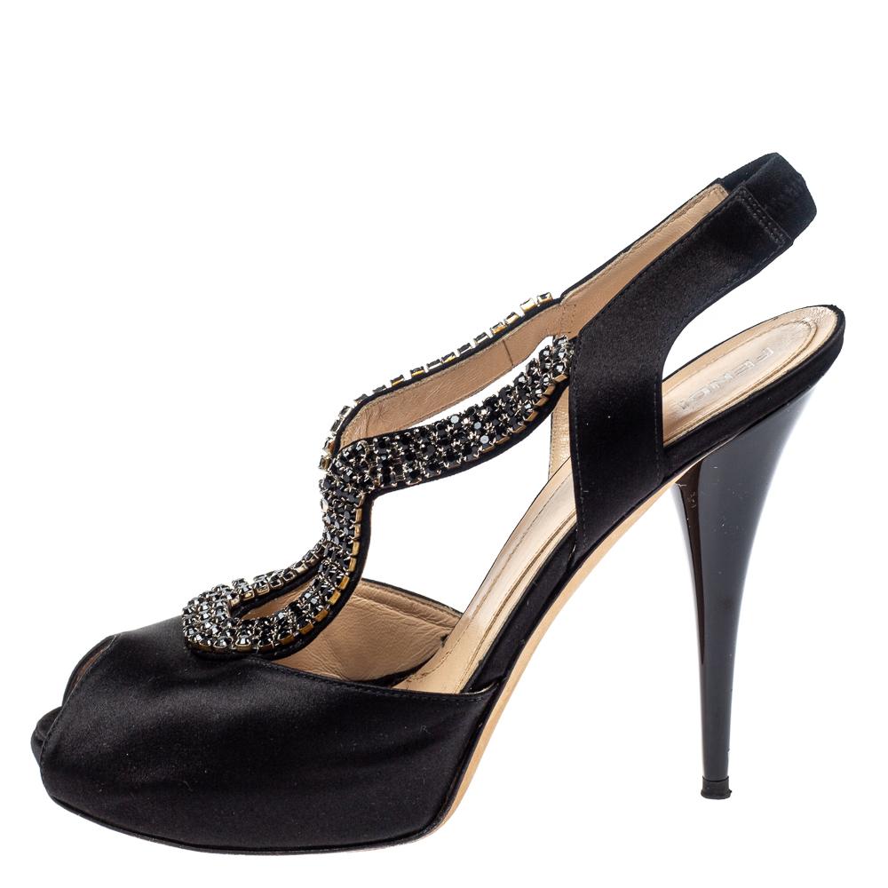 Fendi Black Satin Crystal Embellished Slingback Platform Sandals Size 39 For Sale 2