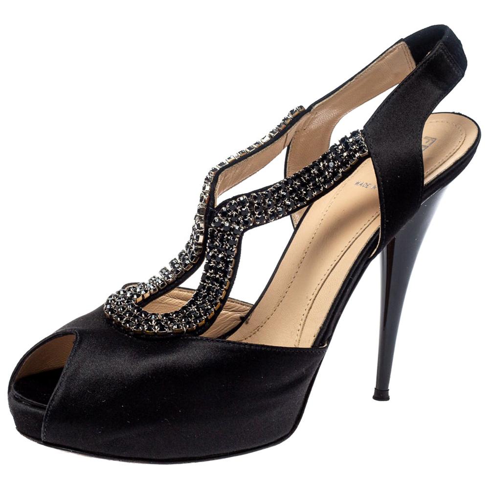 Fendi Black Satin Crystal Embellished Slingback Platform Sandals Size 39 For Sale
