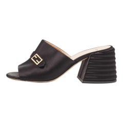 Fendi Black Satin FF Buckle Block Heel Slide Sandals Size 41