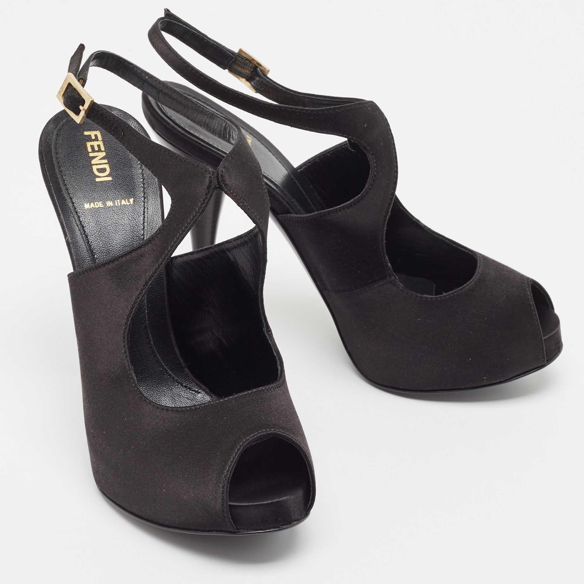 Fendi Black Satin Peep Toe Ankle Strap Pumps Size 38.5 In New Condition For Sale In Dubai, Al Qouz 2