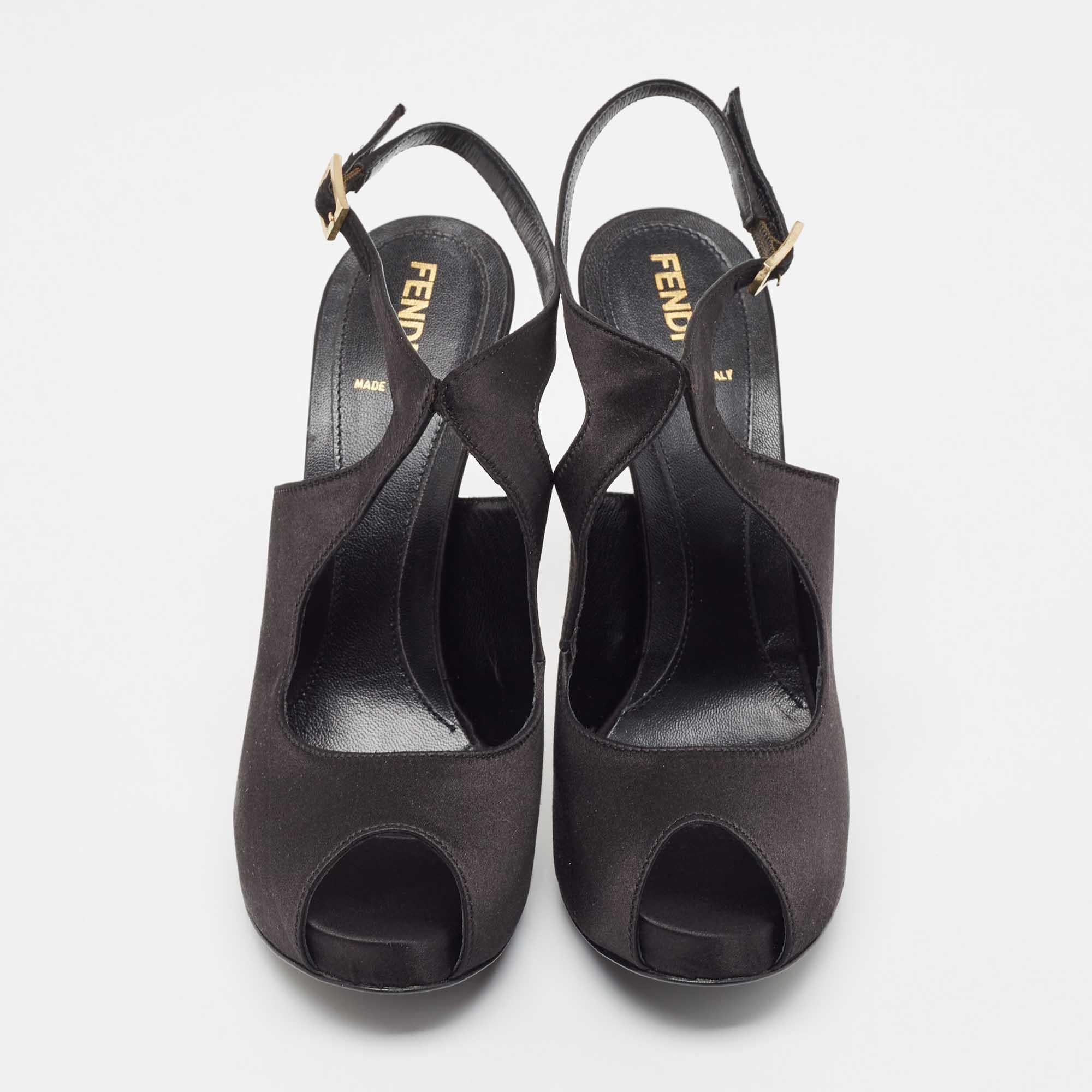 Women's Fendi Black Satin Peep Toe Ankle Strap Pumps Size 38.5 For Sale