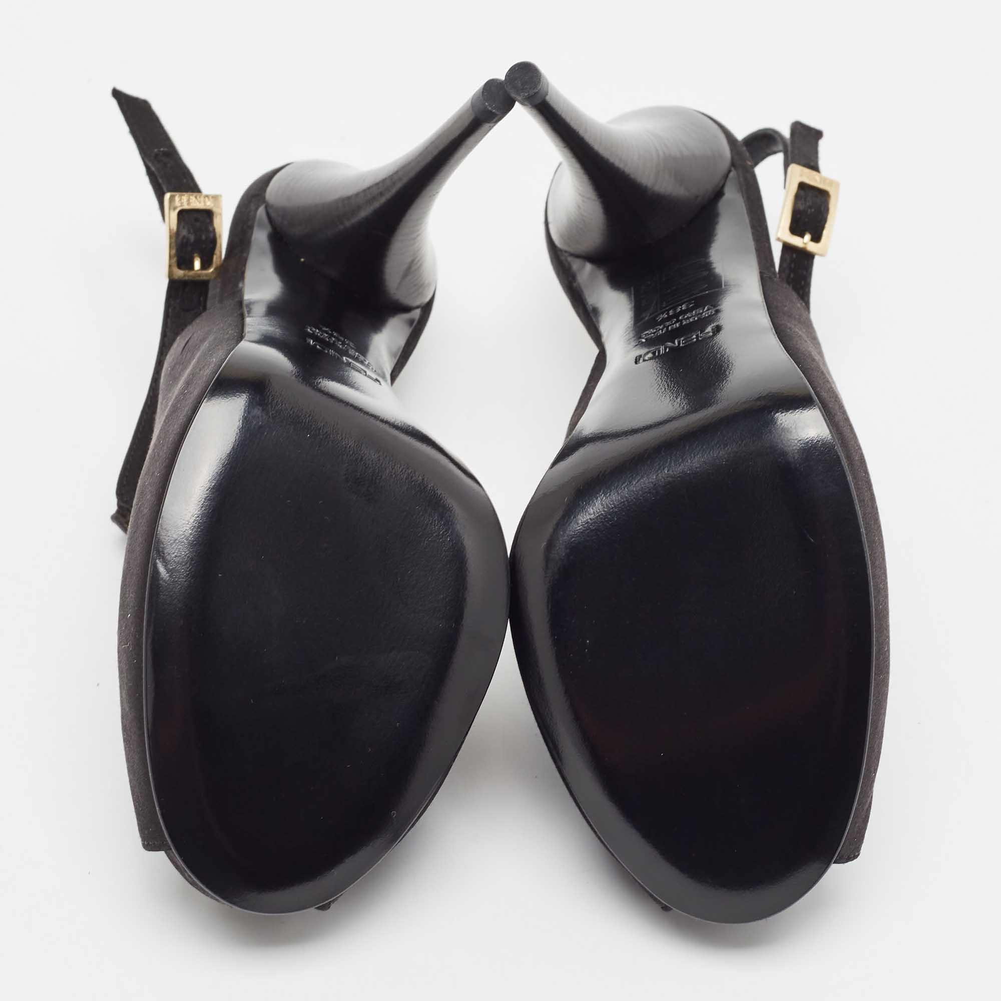 Fendi Black Satin Peep Toe Ankle Strap Pumps Size 38.5 For Sale 2