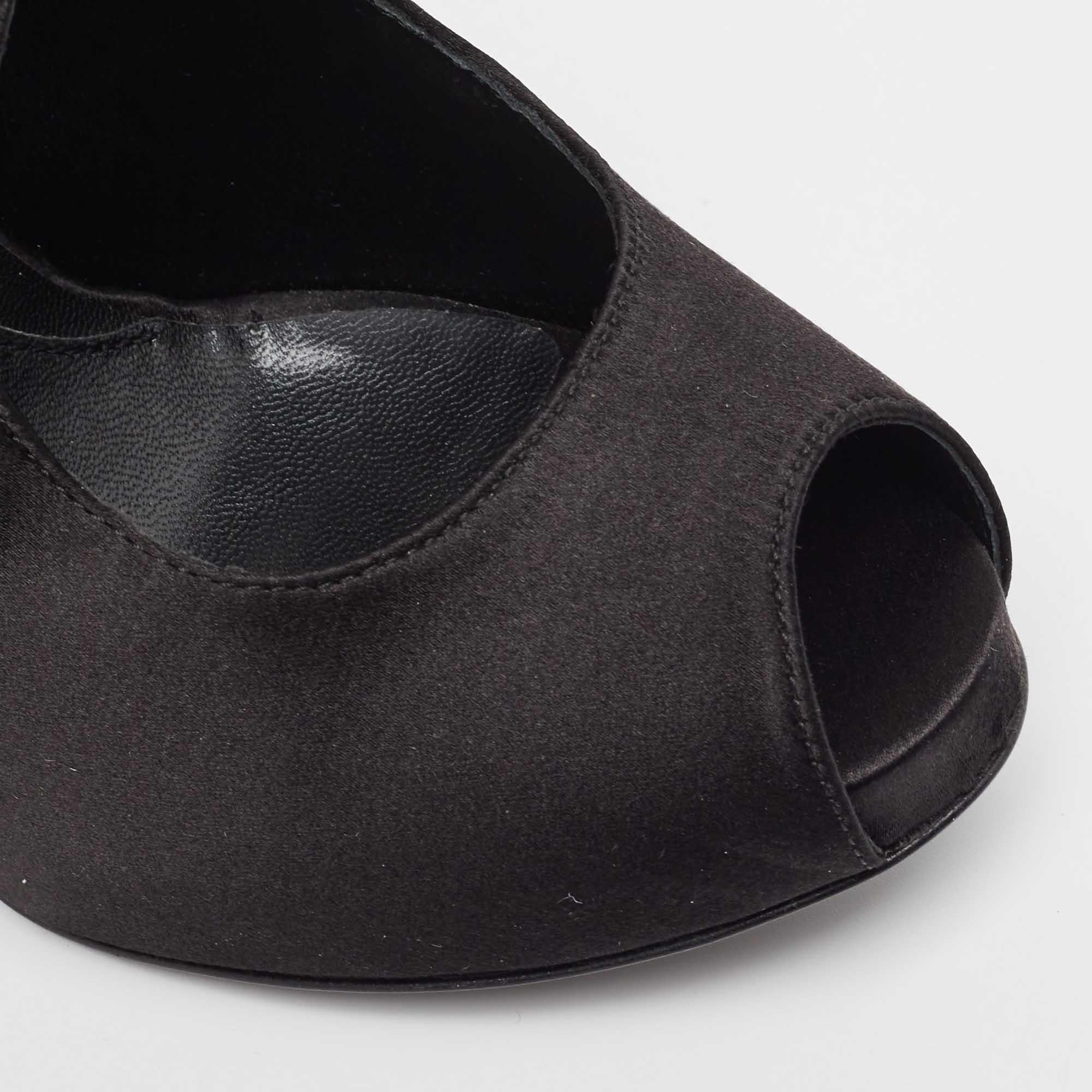 Fendi Black Satin Peep Toe Ankle Strap Pumps Size 38.5 For Sale 3