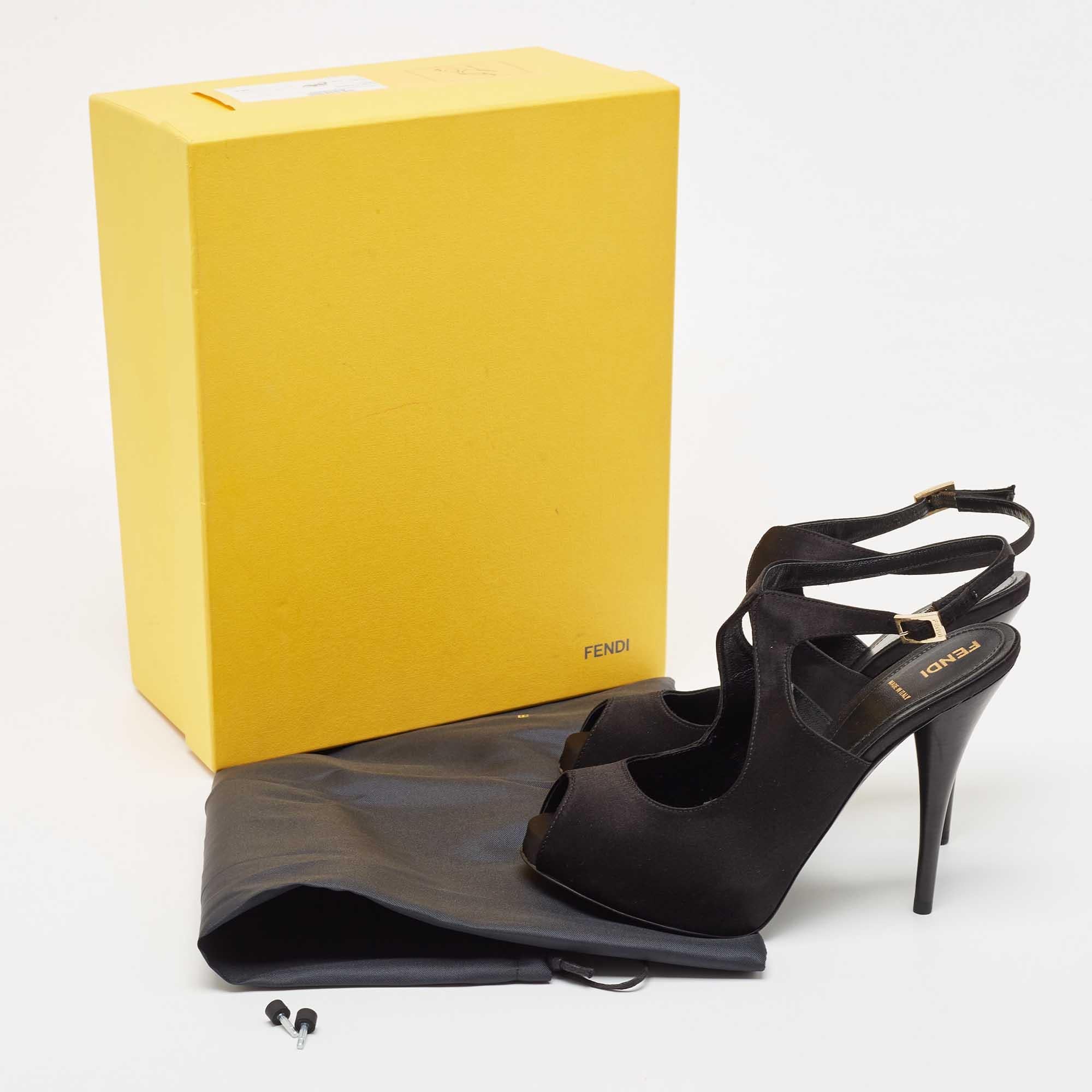 Fendi Black Satin Peep Toe Ankle Strap Pumps Size 38.5 For Sale 5