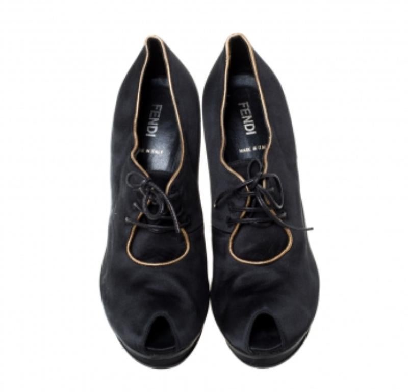 Fendi Black Satin Platform Peep Toe Lace Up Ankle Booties Size 37 In Good Condition For Sale In Dubai, Al Qouz 2
