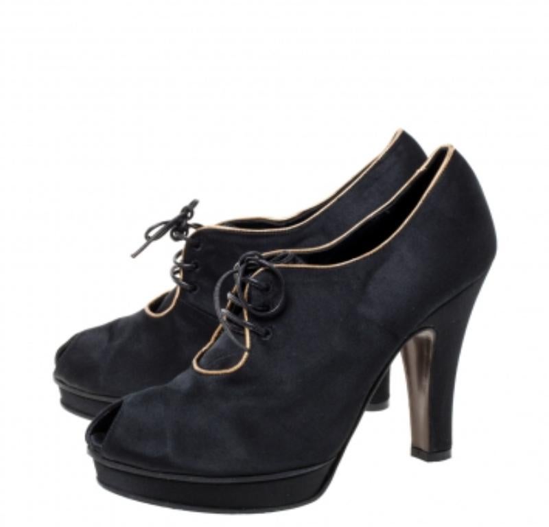Fendi Black Satin Platform Peep Toe Lace Up Ankle Booties Size 37 For Sale 2