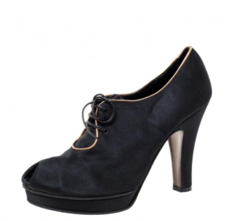 Fendi Black Satin Platform Peep Toe Lace Up Ankle Booties Size 37 For Sale 3