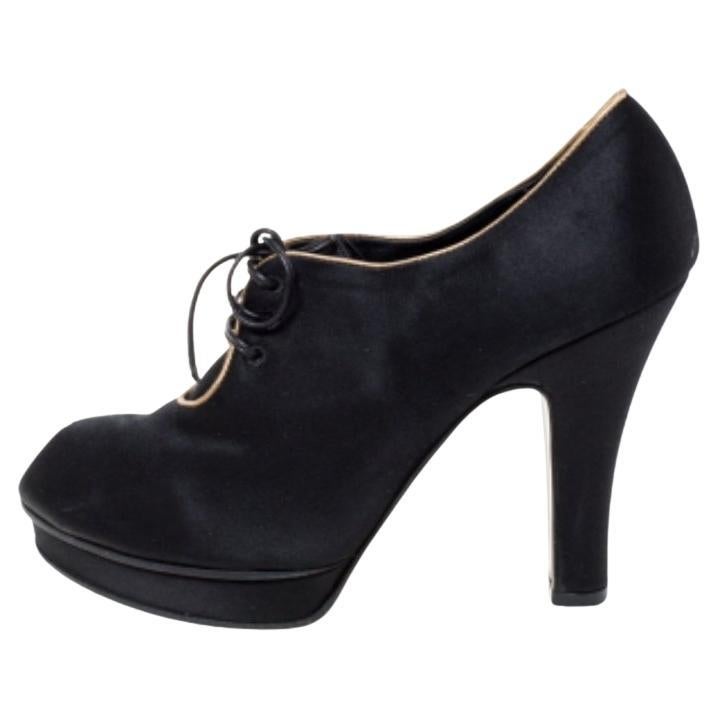Fendi Black Satin Platform Peep Toe Lace Up Ankle Booties Size 37 For Sale