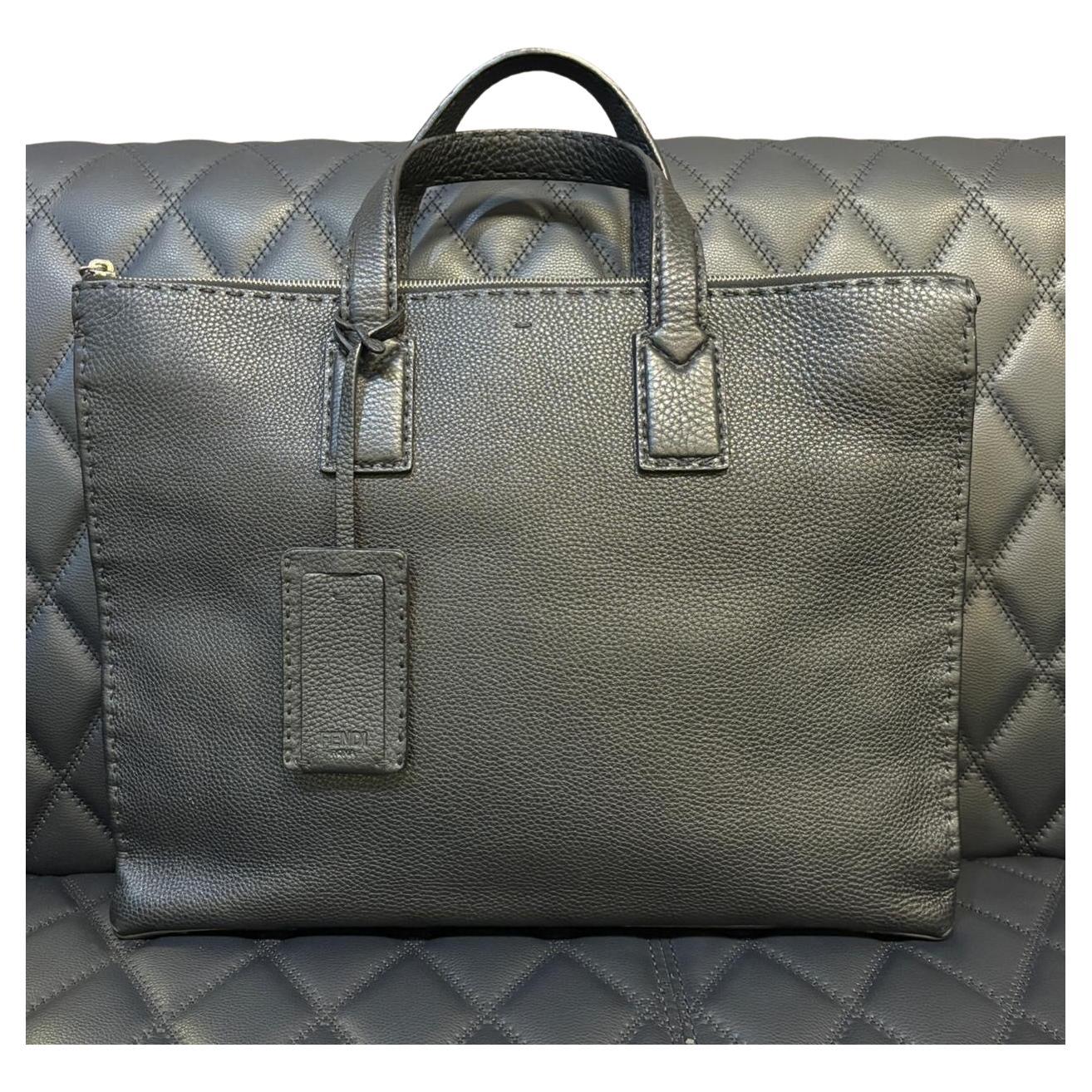 Fendi Black Selleria Leather Briefcase Tote en vente