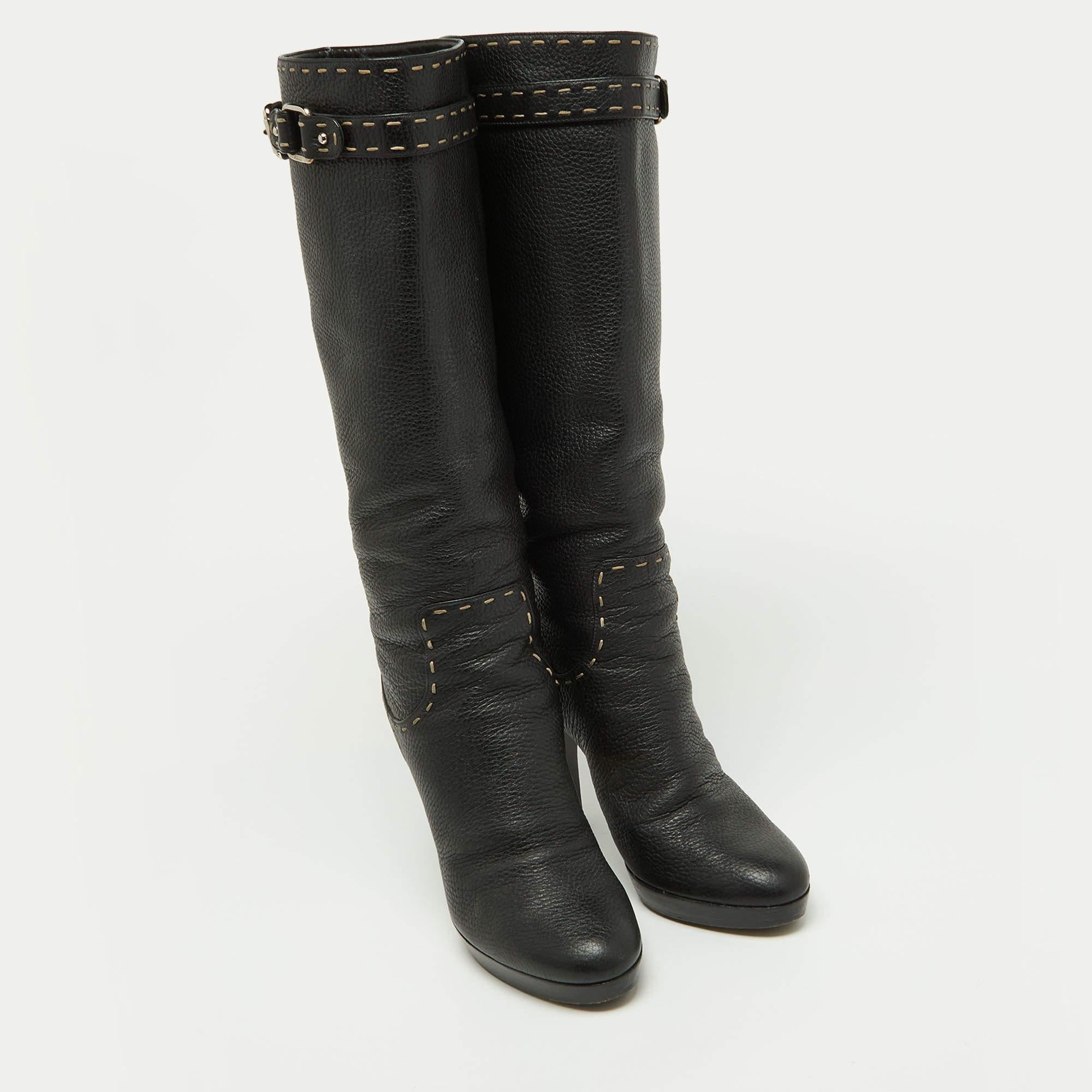 Women's Fendi Black Selleria Leather Knee Length Platform Boots Size 39 For Sale