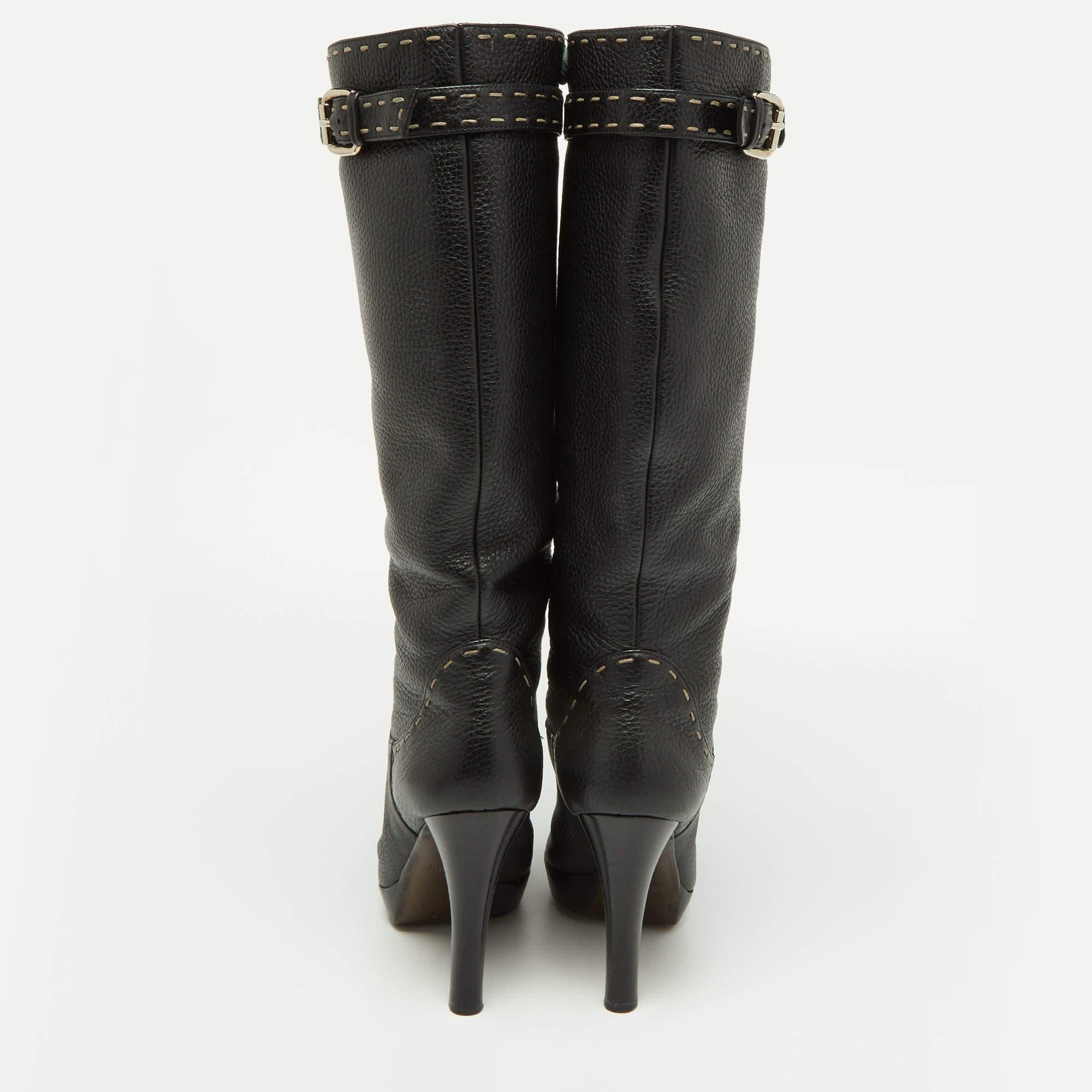 Fendi Black Selleria Leather Knee Length Platform Boots Size 39 For Sale 1