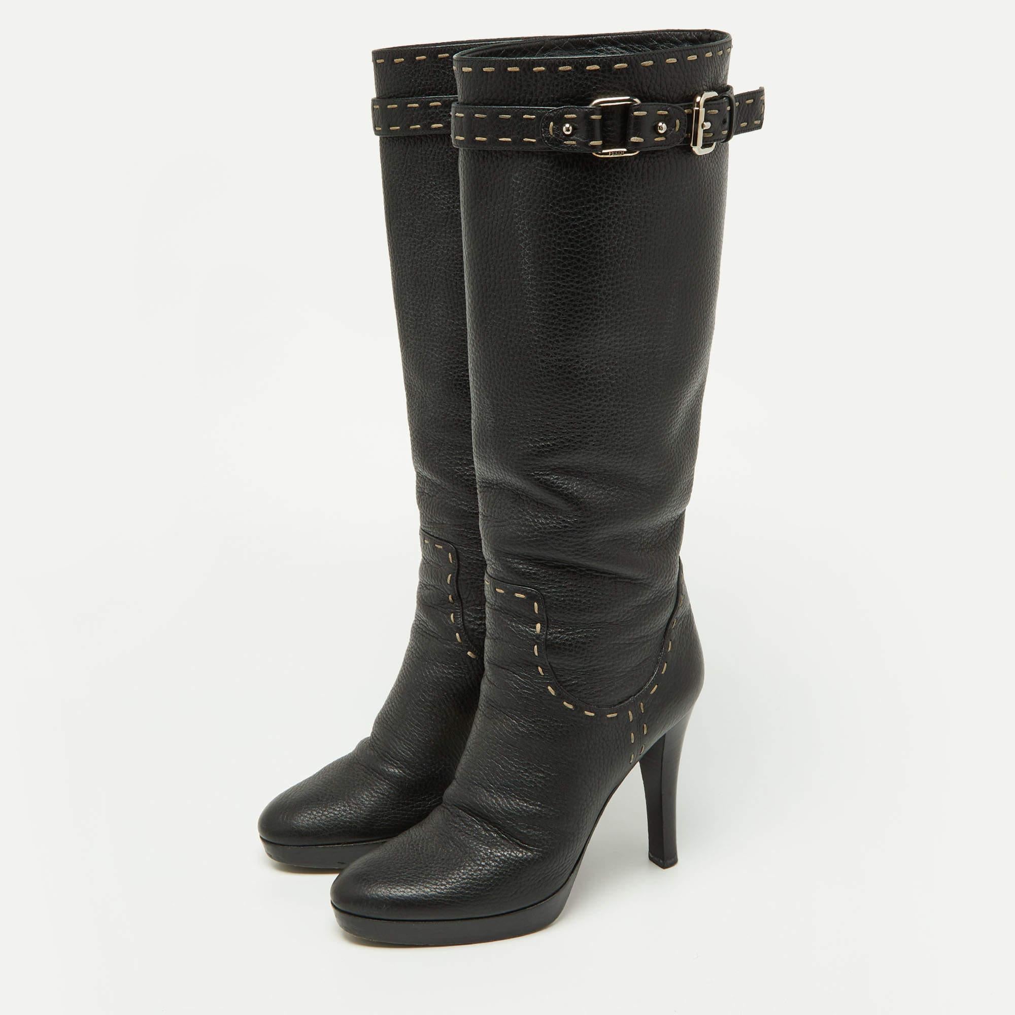 Fendi Black Selleria Leather Knee Length Platform Boots Size 39 For Sale 2
