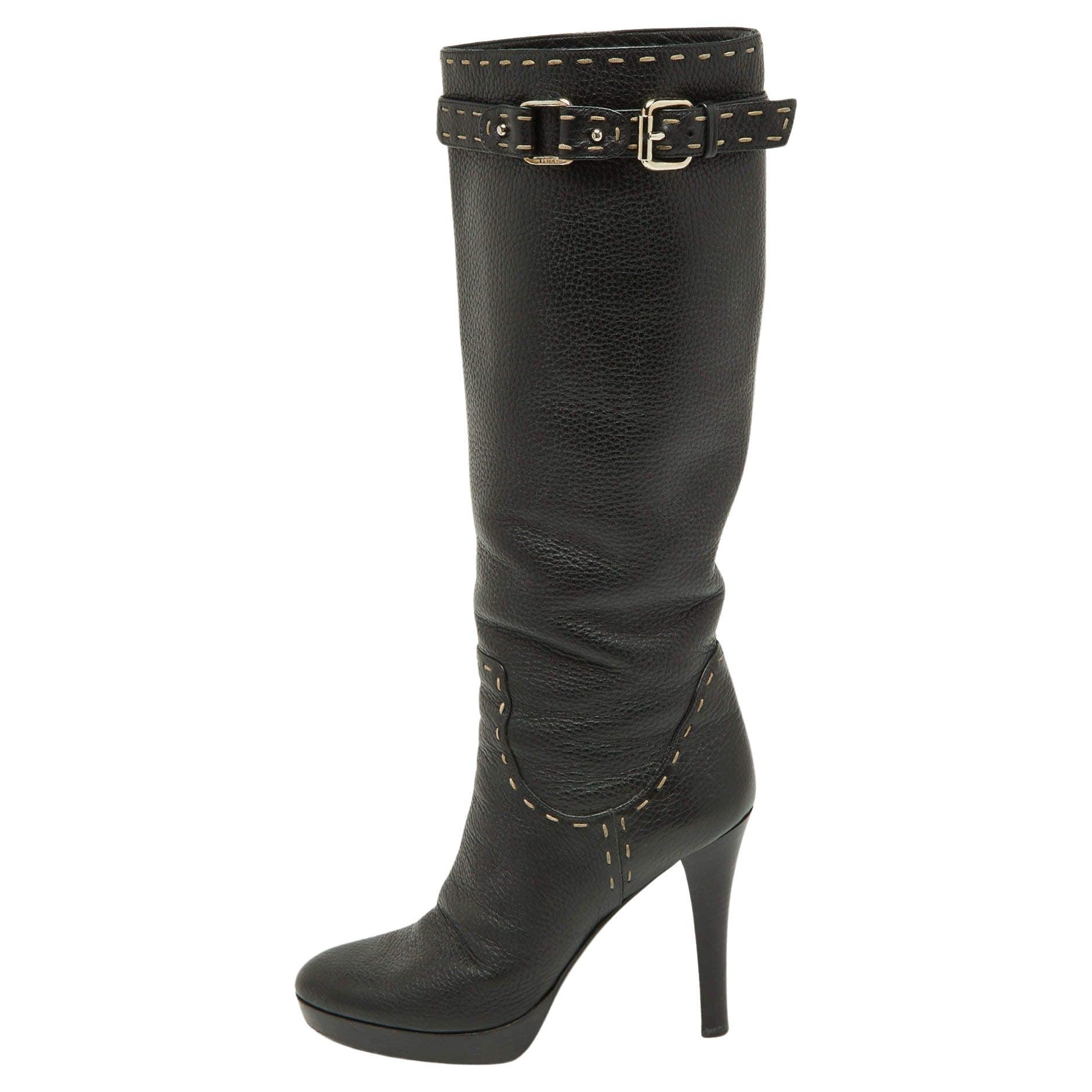 Fendi Black Selleria Leather Knee Length Platform Boots Size 39 For Sale