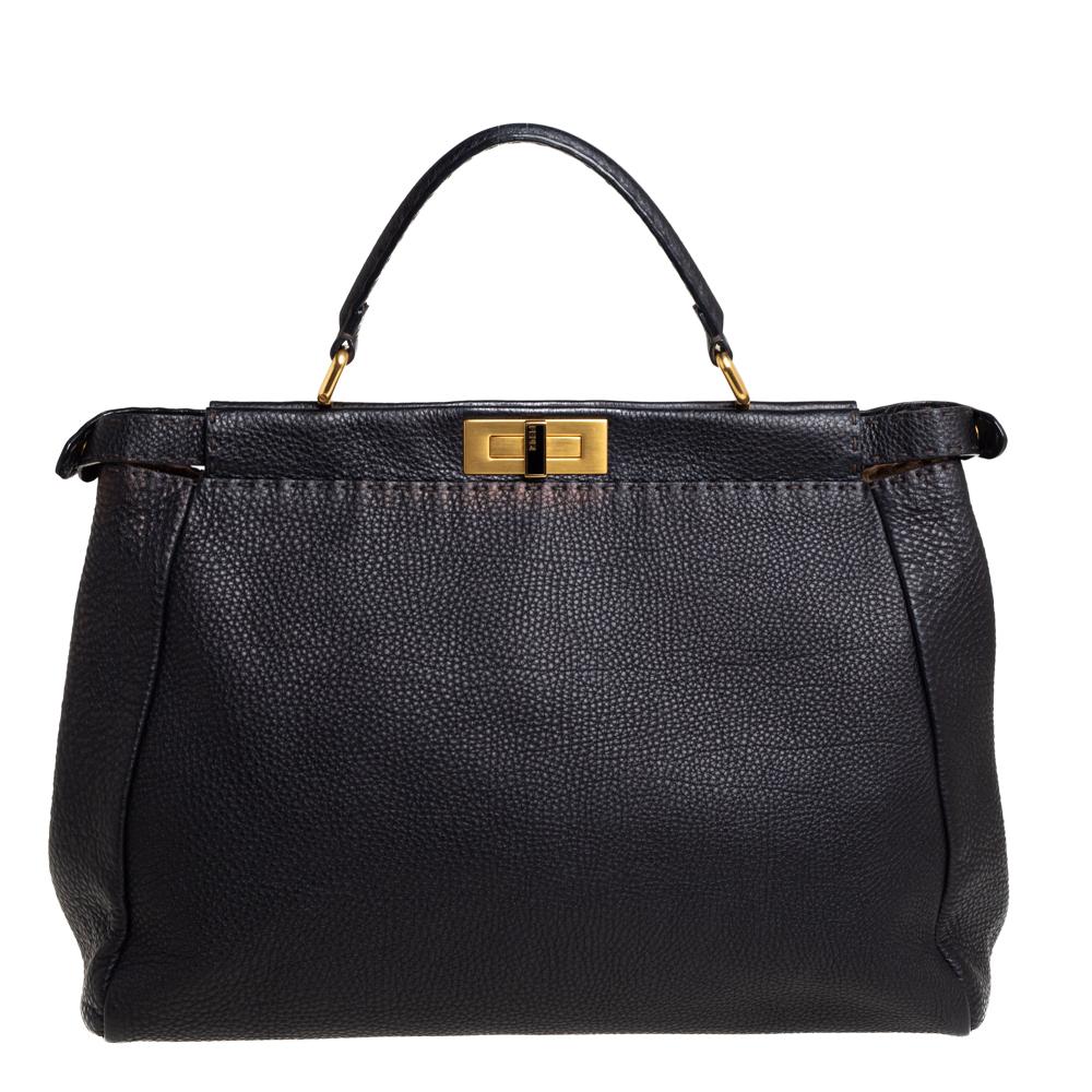 Women's Fendi Black Selleria Leather Large Peekaboo Top Handle Bag