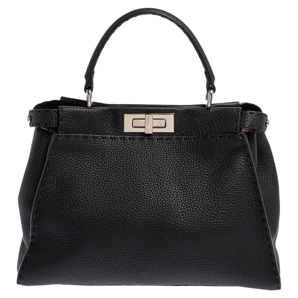 Fendi Black Selleria Leather Medium Peekaboo Top Handle Bag In Good Condition In Dubai, Al Qouz 2