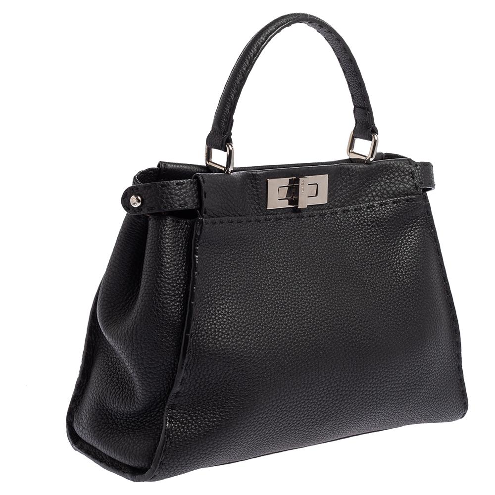 Women's Fendi Black Selleria Leather Medium Peekaboo Top Handle Bag