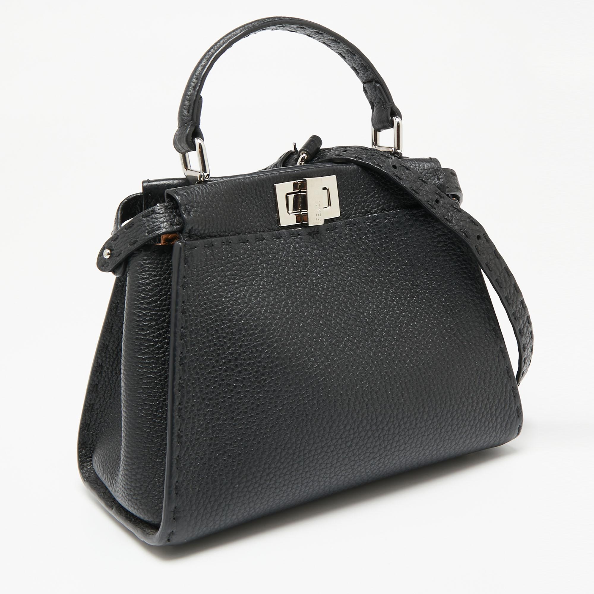 Women's Fendi Black Selleria Leather Mini Peekaboo Top Handle Bag