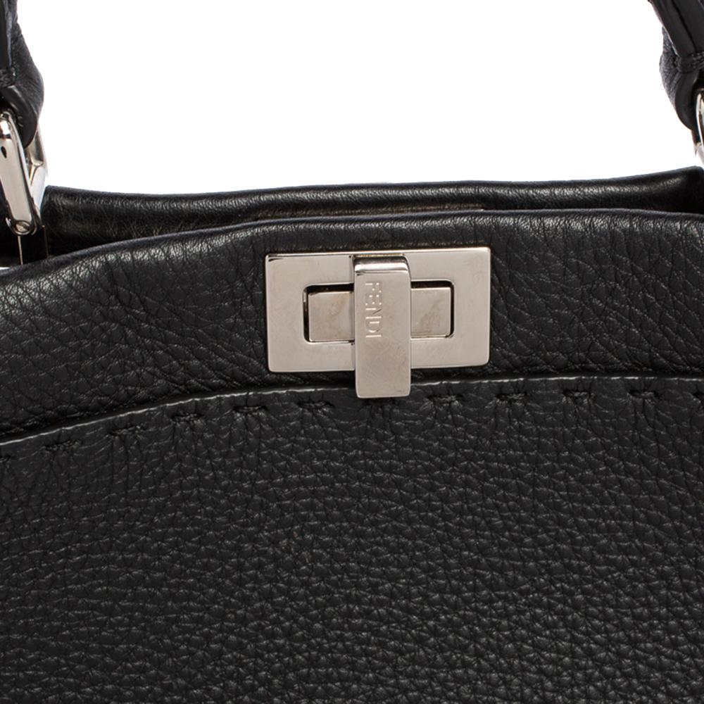 Fendi Black Selleria Leather Mini Peekaboo Top Handle Bag In Good Condition In Dubai, Al Qouz 2