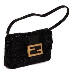FENDI Black Sequin Embellishment & Lizard Leather Vintage Mini Baguette