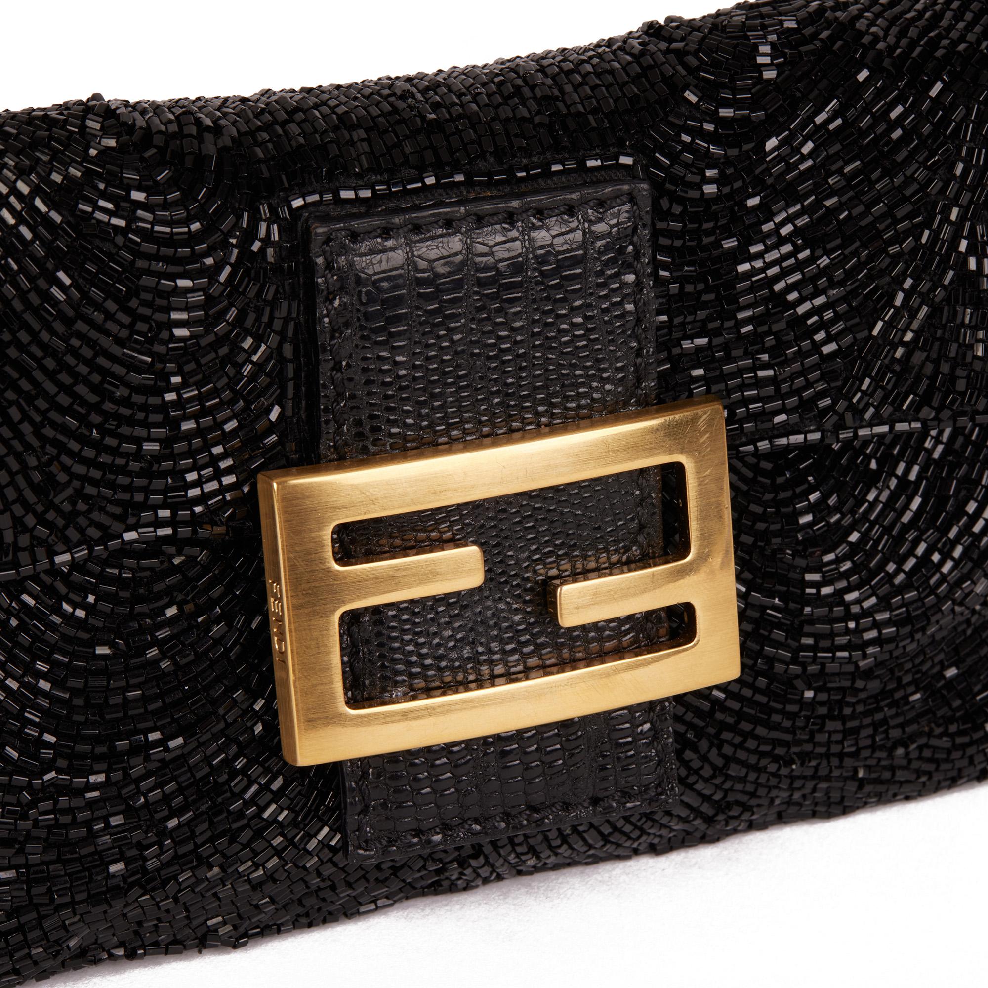 Women's FENDI Black Sequin Embellishment & Lizard Leather Vintage Mini Baguette