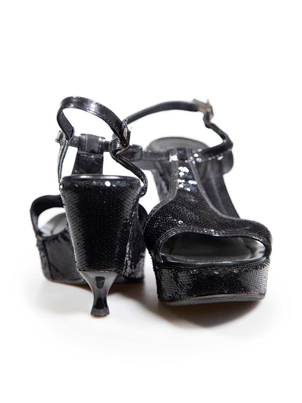 Fendi Black Sequinned Kitten Wedge Sandals Size IT 38.5 In Good Condition For Sale In London, GB